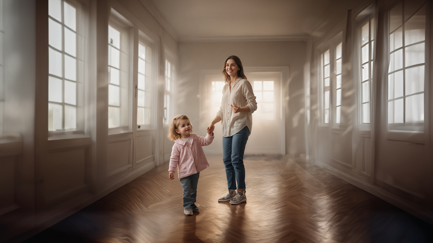 Eine junge Mutter und ihre Tochter stehen in einem lichtdurchflutenden Zimmer und halten sich an den Händen