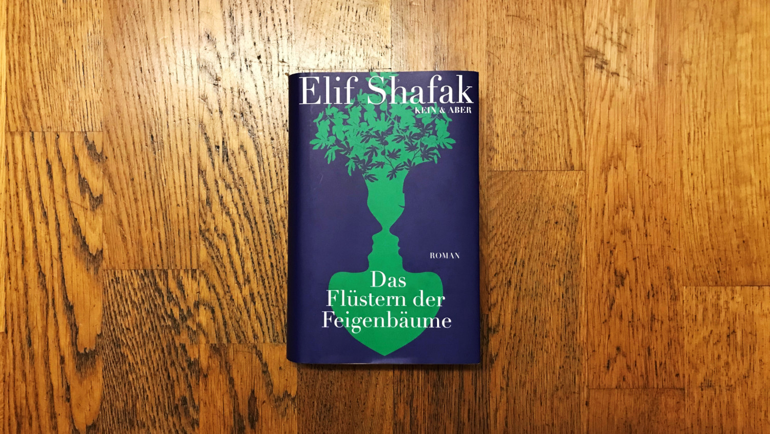 Buchcover von "Das Flüstern der Feigenbäume" auf holzigem Hintergrund